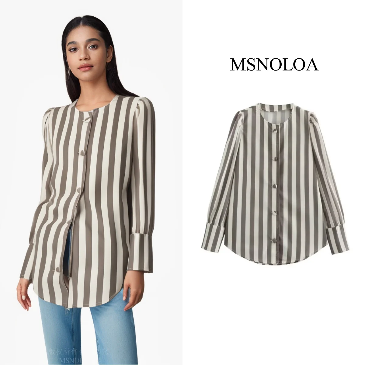 Fashion Striped Contrast Bomber Jackets Shirts Women Puff Sleeve O-neck Single Breasted Shirt 2024 Spring Lady Streetwear Top