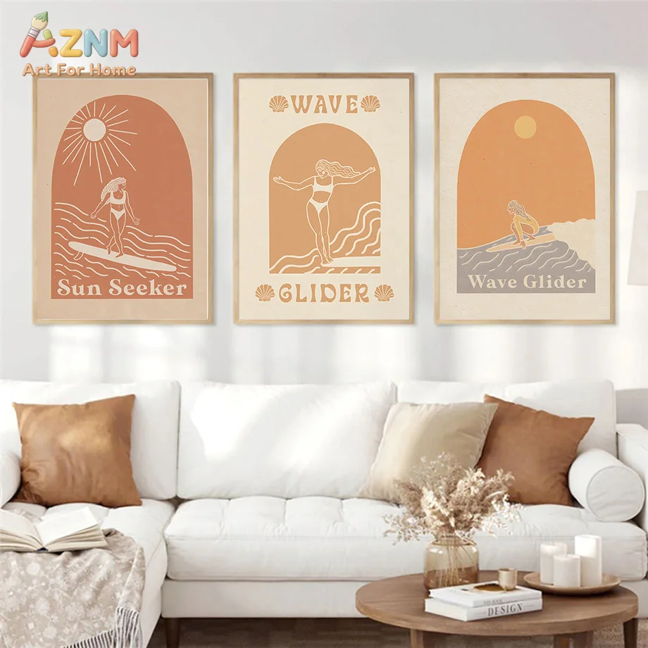 AZNM Boho Neutral Tone Surf Beach Canvas Wall Art Palm Tree Moon Sun Desert Retro Surfer Girl Minimalist Abstract Illustration C