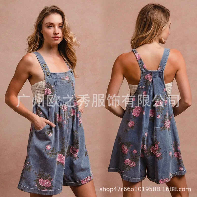 New Summer Jumpsuits From Europe and America, Retro Denim Printed Jumpsuits Shorts, Loose Pocket Design Denim Suspenders Women