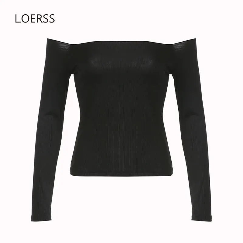 LOERSS Crop Top for Women Off Shoulder Solid Slash Neck Long Sleeve Skinny T-shirt Harajuku Y2k Clothing Autumn Casual T-Shirts