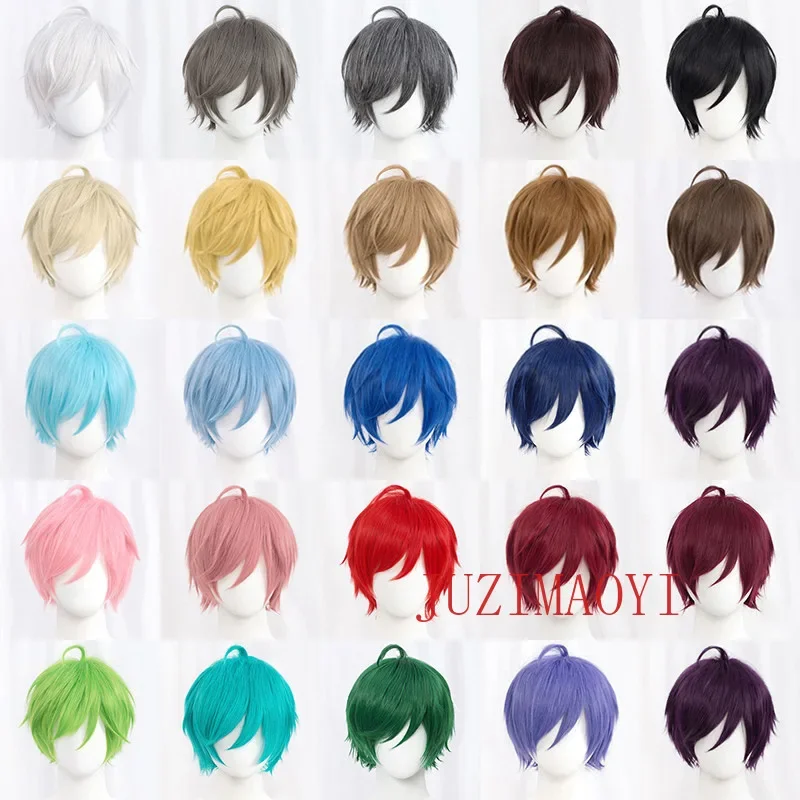 Anime 30cm Short Straight Cosplay Wig Black White Green Brown Purple Blue Gray Red Gold Man Women Heat Resistant Synthetic Hair