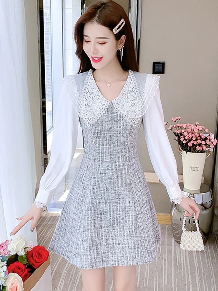 

Autumn Fashion Patchwork White Long Sleeve Mini Dress Women Chic Lace Doll Collar Kawaii Dress 2025 Korean Elegant Bodycon Dress