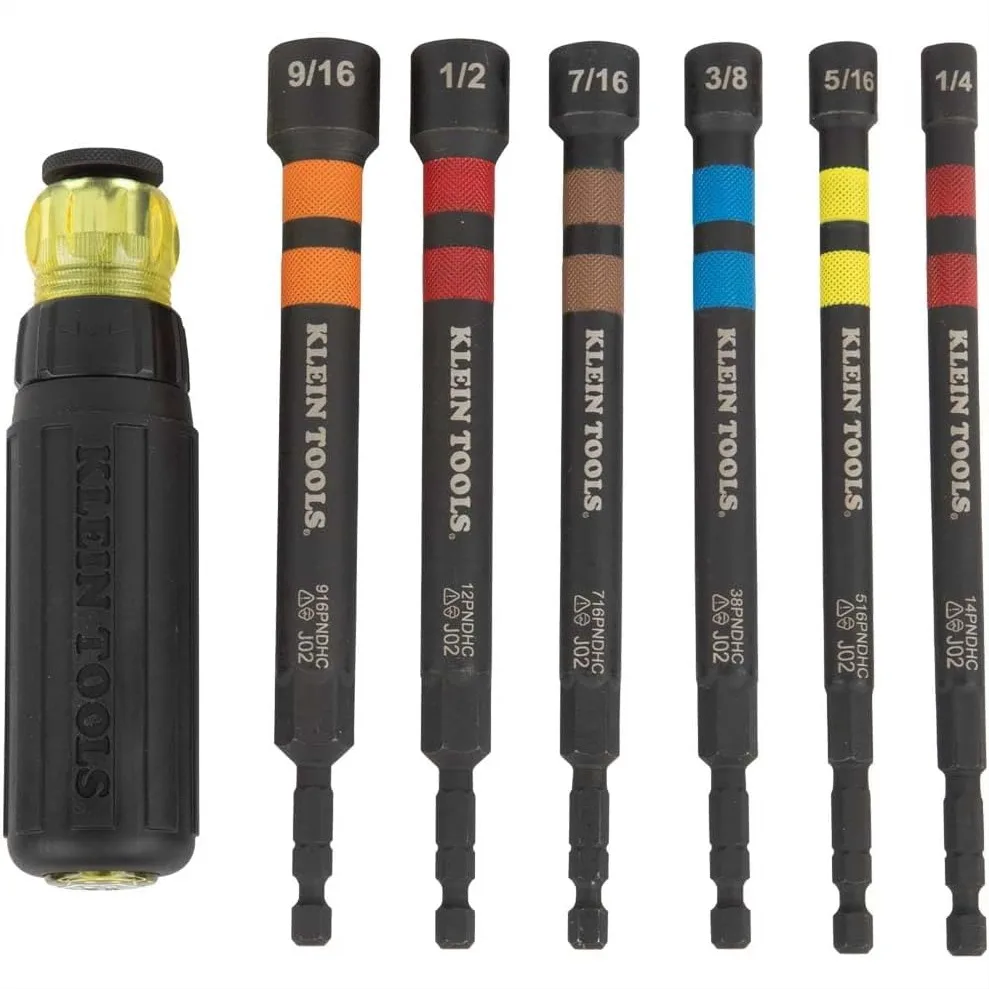 

6 Pcs Impact Rated Hollow Power Nut Driver Set With Ratcheting Handle Magnetic Color Coded SAE Hex Sizes 1/4 To 9/16 Inch
