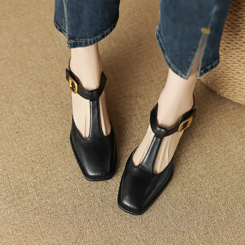 2023 Women Modern Sandals Shoes Genuine Leather Lagre Size Casual Buckle Strap Thick High Heel Retro Sandals Shoes   LX51