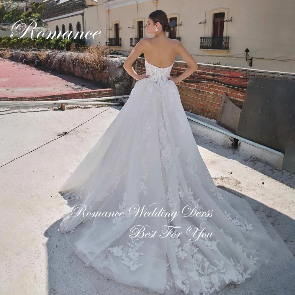 Klassieke strapless a-lijn trouwjurk dames applicaties kant backless uit de schouder rechter trein vestidos de novia aangepast