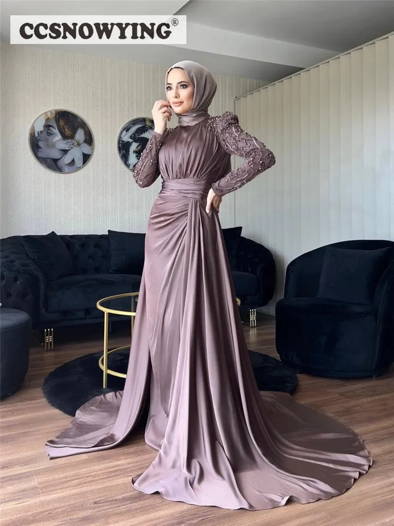 

Dusty Rose Hijab Muslim Evening Dress Long Sleeve Islamic Formal Party Gown Beaded Satin Saudi Arabia Kaftan Robes De Soirée