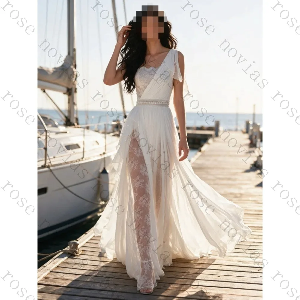 Customized One Shoulder Lace High Opening Seam Sheer A-line Wedding Dress 2026 Elegant Beaded Waist Cinching Flowing Bridal Gown
