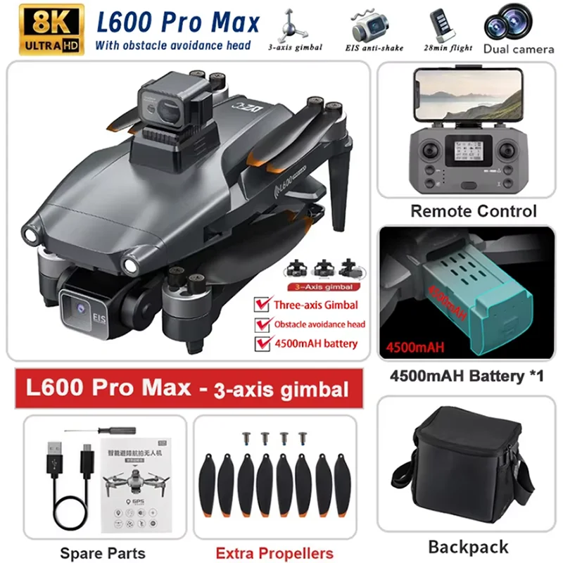 HOT-4K Professionele HD Dual Camera Nieuwe L600 PRO MAX GPS Drone 5 KM 3-As Gimbal 360 Obstakel vermijden Borstelloze Quadcopter Speelgoed