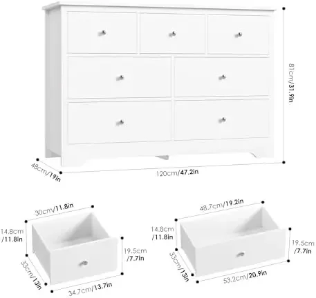 White Dresser 7 Drawer with 19'' Deeper Depth, 47.2'' White Chest of Drawers Modern Dresser with Metal Handles, White
