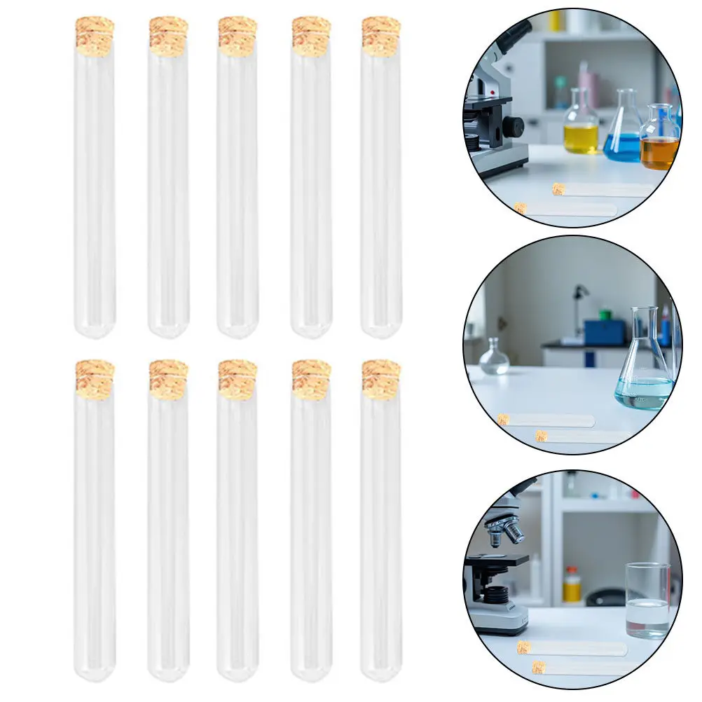 

10 шт. прозрачных стеклянных пробирок с круглым дном и деревянной пробкой для химических реакций, нагрева, лабораторных образцов и хранения