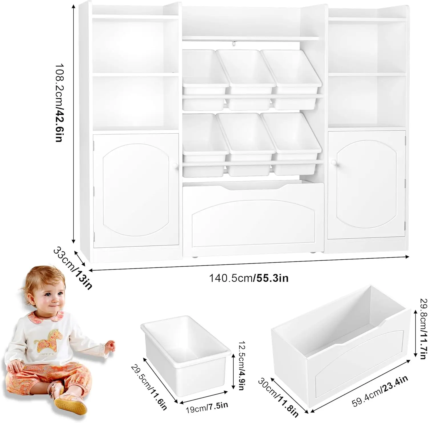 55' Kids Toy Storage Organizer with 6 Bins & 8 Cubes, White