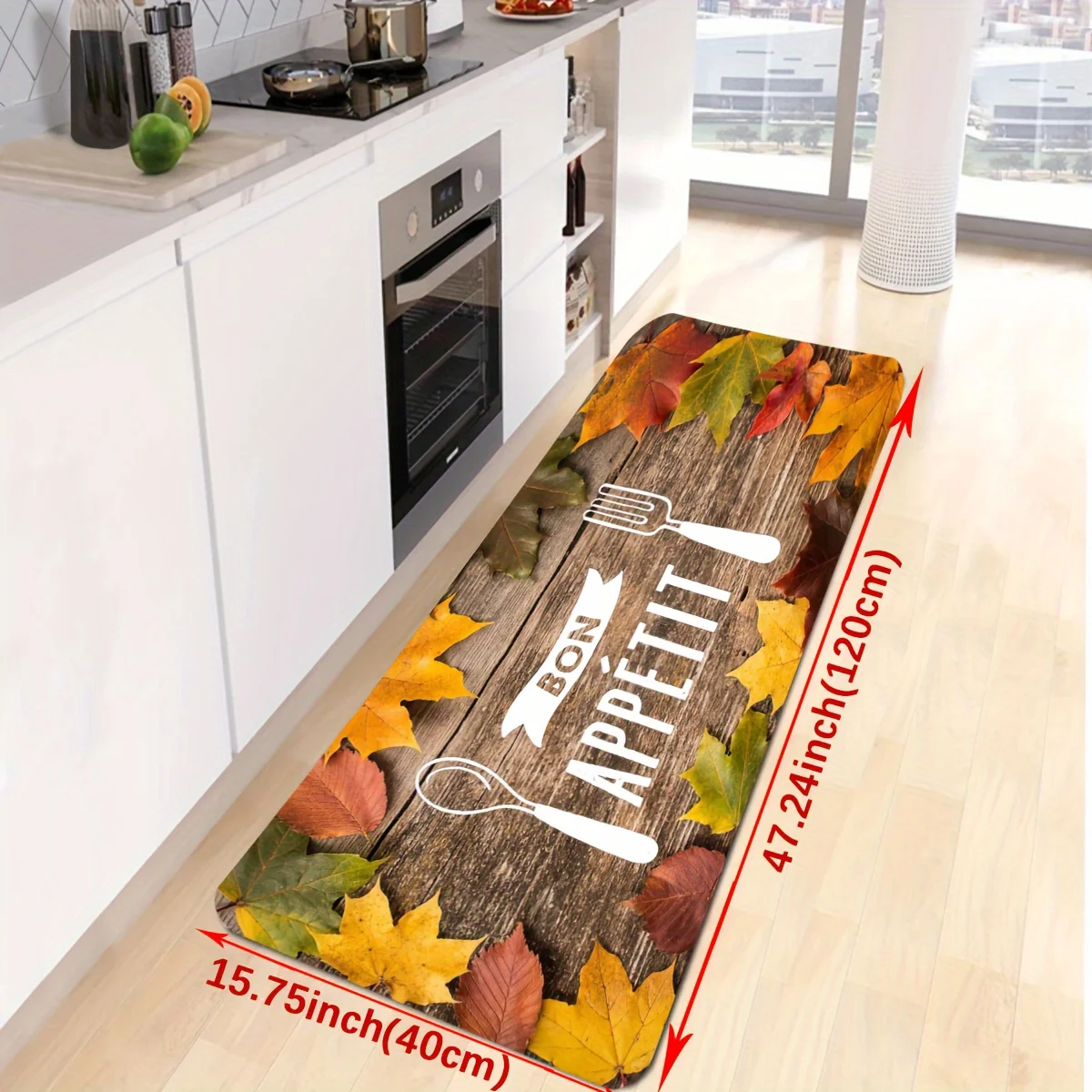 Vintage Wood Maple Leaf Bon Appetit Kitchen Runner Mat Anti Slip Autumn Fall Utensil Print Floor Rug for Cooking Area Laundry