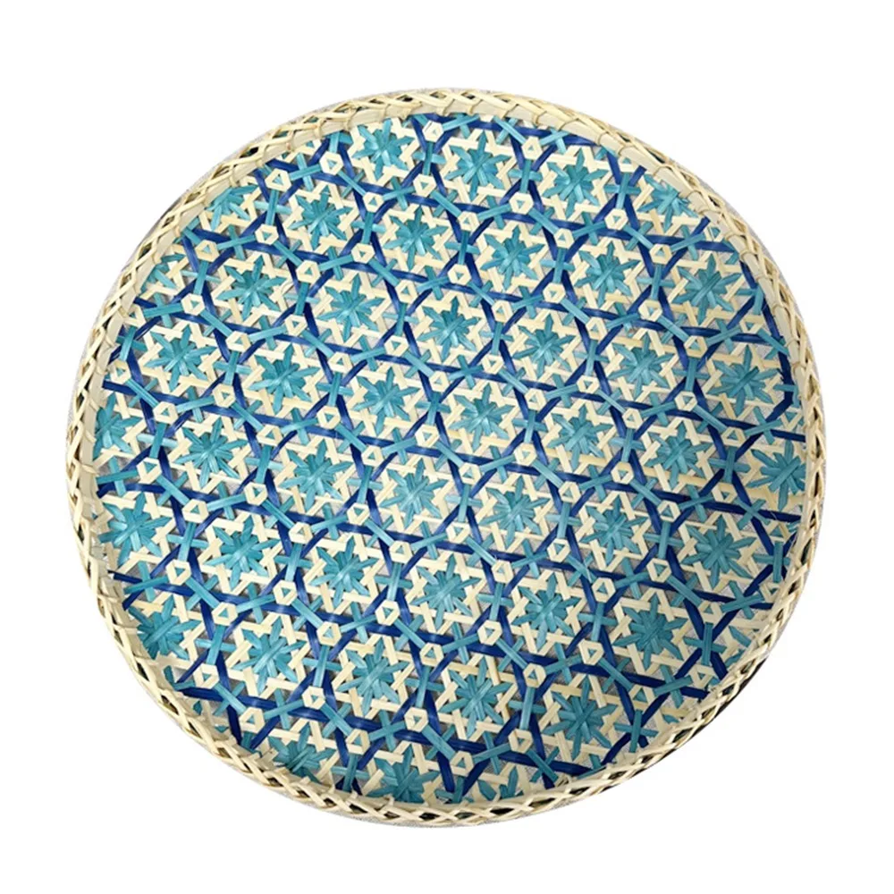 

Colorful Handmade Bamboo Round Tray Bohemian Style Household Food Tray Woven Decorative Weaving Fruit Basket Dining Room