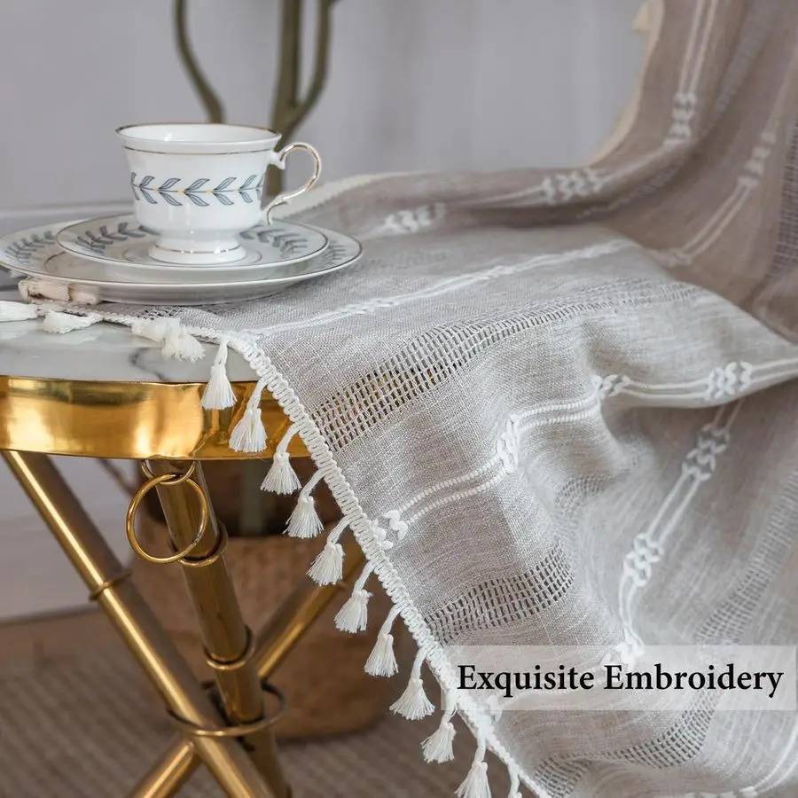 Cortinas de Lino para Sala de Estar de 63, 84 y 96 Pulgadas de Largo, Bordadas, a Rayas, Estilo Rústico, de Algodón, Semiopacas, para Dormitorio, con Borlas