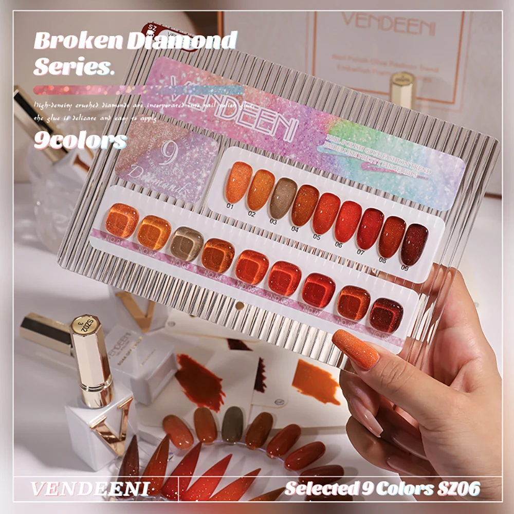 Vendeeni 9 Farben/Set Glitzer-Broken-Diamond-Gel-Nagellack UV LED Soak-Off Gel-Lack Grün Lila Rot Flash Gel mit Display – Detail 24