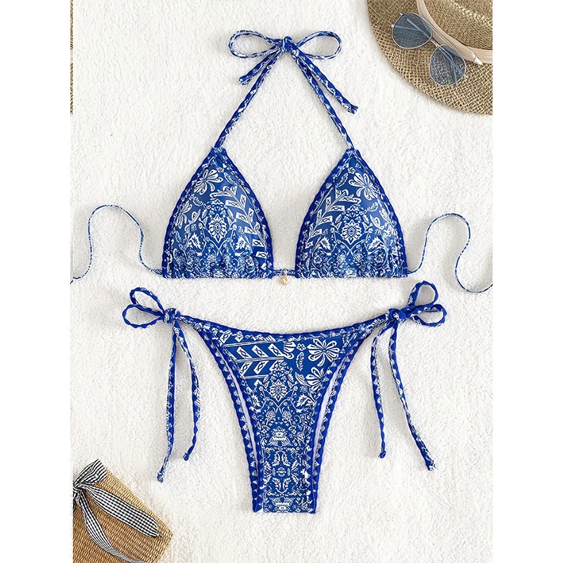 Halter Print String Bikini Set Frauen Zwei Stücke Zurück Krawatte Tanga Badeanzüge Bademode Badeanzug Bademode Biquini