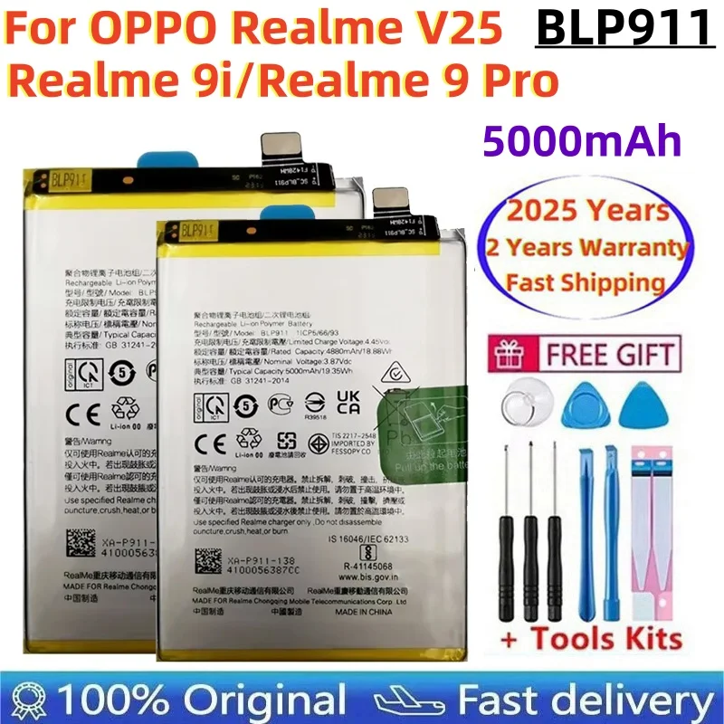 

2025 лет, 100% оригинальный новый аккумулятор BLP911 емкостью 5000 мАч для OPPO Realme V25/Realme 9i Realme 9Pro, аккумуляторы для мобильных телефонов, бесплатные инструменты