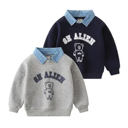 Boys' Contrast Color Cartoon Print Sweatshirt Spring Autumn Casual Long Sleeve Fleece Jacket with Detachable Collar (Ages 2-7)