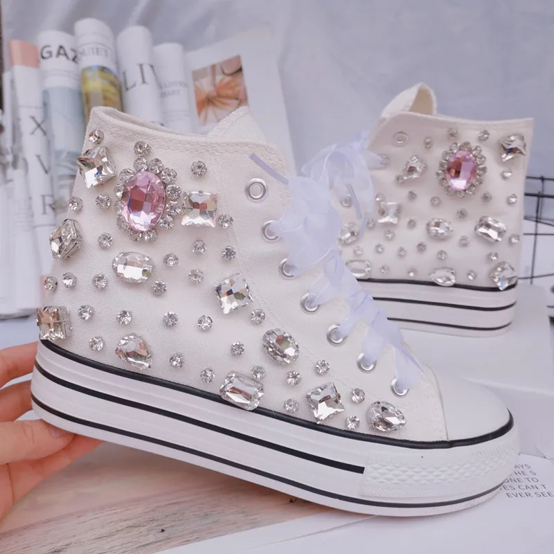 Zapatos de lona con suela gruesa de diamante hechos a mano para mujer, zapatillas planas de diseñador, parte superior alta interior, cristal