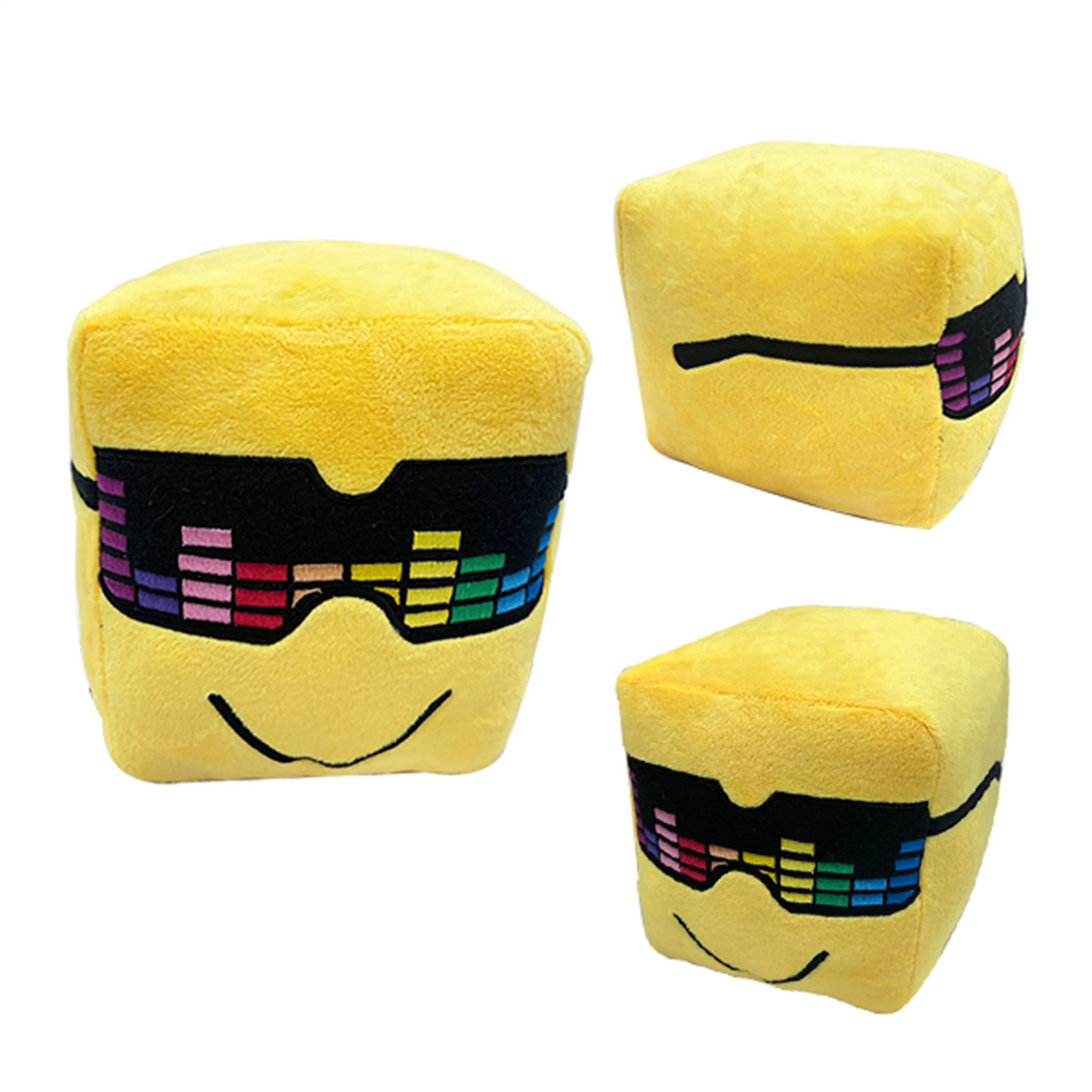 Yellow smiling small square plush doll with colored sunglasses, cute and playful pillow, trendy home decoration, soft