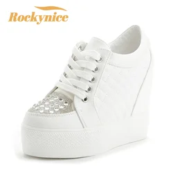 2023 New Autumn White Hidden Wedge Heels Casual Shoes Woman Bling Platform Shoes Elevator 10CM High-heels Walking Sneakers Woman