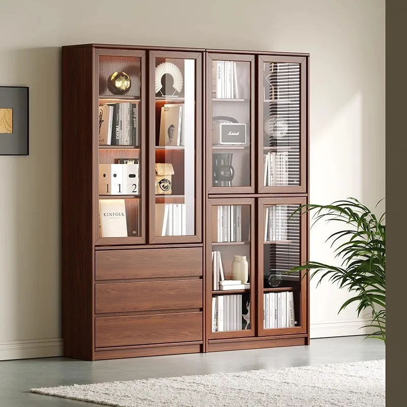 Oak Walnut Bookcase Sliding Door with Glass Shelf Floor to Floor Cabinet Home Bedroom Study Bookshelf