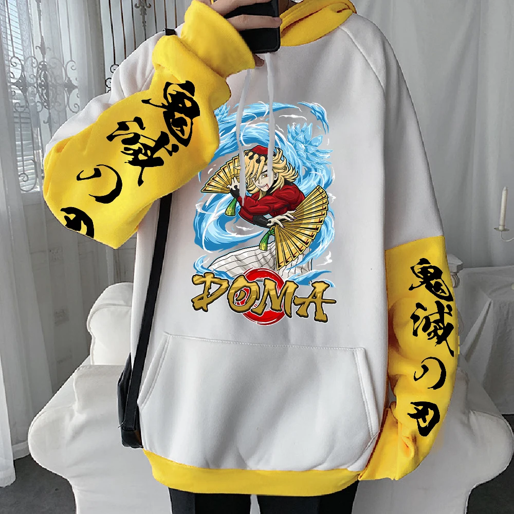 Hot Anime Demon Slayer Douma Printed Hooded Men Patchwork Hoodies Casual Loose Sweatshirt Manga Streetwear Harajuku Pullover