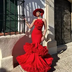 Elegant Mermaid Prom Gown Rose Red Ruffle Dress Long Spanish Women Evening Pageant Gowns Tulle Satin Gorgeous Maxi Dresses 2024