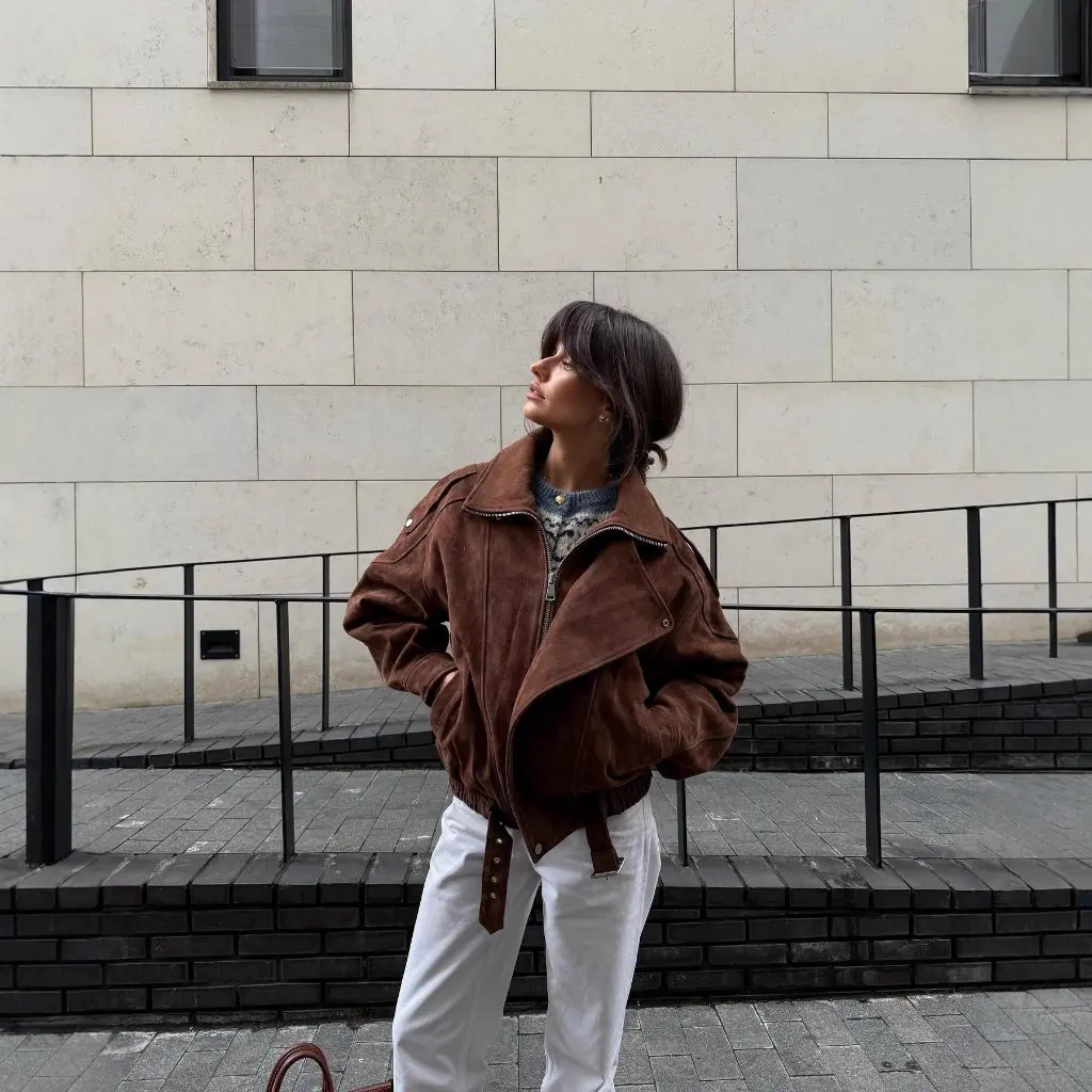 

In Stock Brown Short Loose Fit Jacket Stand Collar Denim Outerwear For Women Autumn Winter New Arrival Cross Border Style