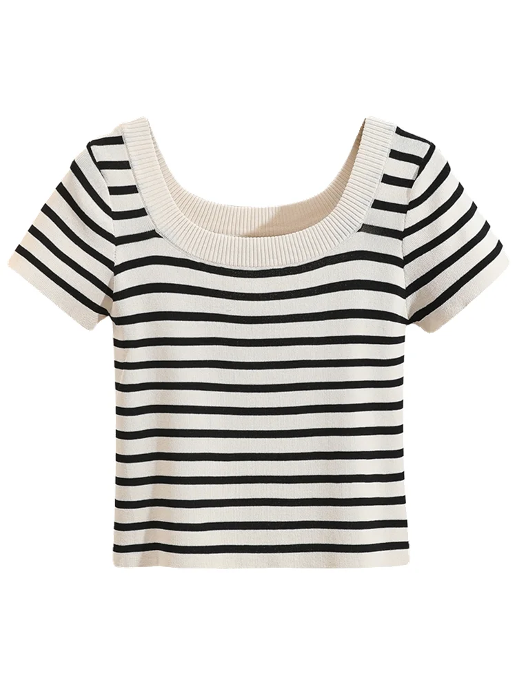 حجم كبير المرأة منخفضة مستديرة Ne الترقوة مخطط محبوك ort Sve تي شيرت الصيف ort عالية الخصر التخسيس