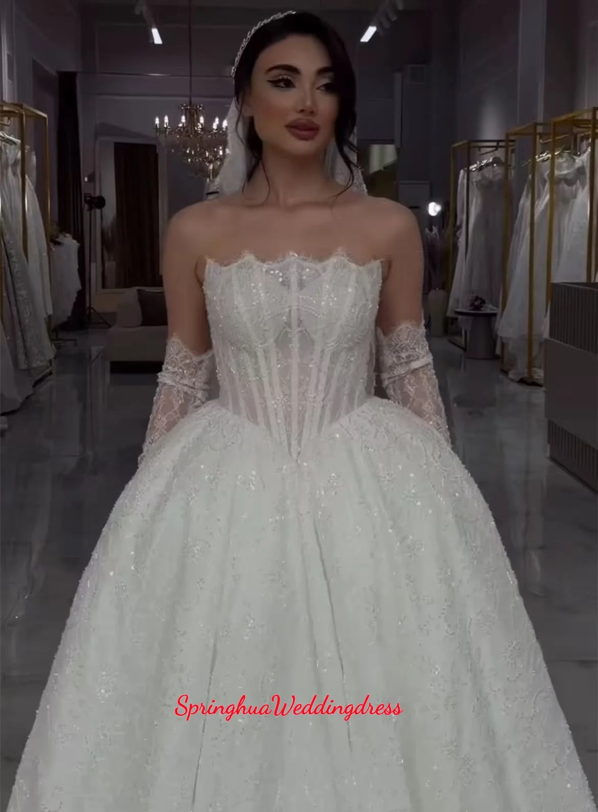 

Customized Romantic Lace Wedding Dresses Shiny Pearls Lace Detachable Long sleeves Bridal Gown Luxury Ball Gown Vestido De Novia
