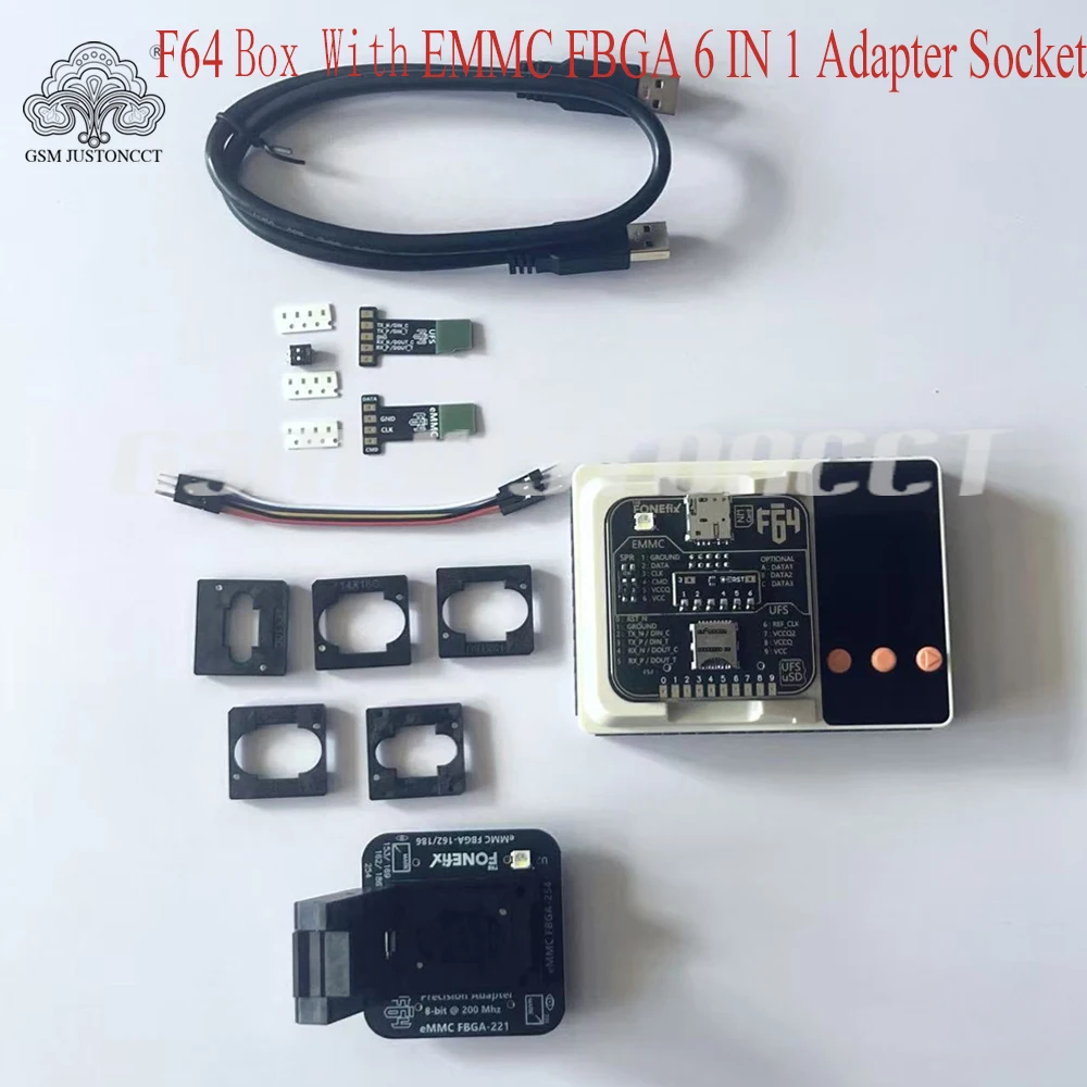 F64 uart lite box with emmc 6 in 1 socket for NAND programmers on the market that allows you to work with UFS, eMMC, Nano memory