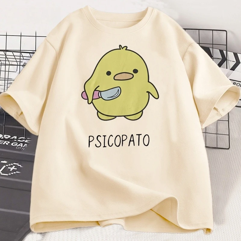 تي شيرت Psicopato للرجال والنساء على شكل بطة لطيفة مع سكين تي شيرت كاجوال بأكمام قصيرة من القطن مطبوع برقبة دائرية تي شيرت فضفاض ملابس الشارع