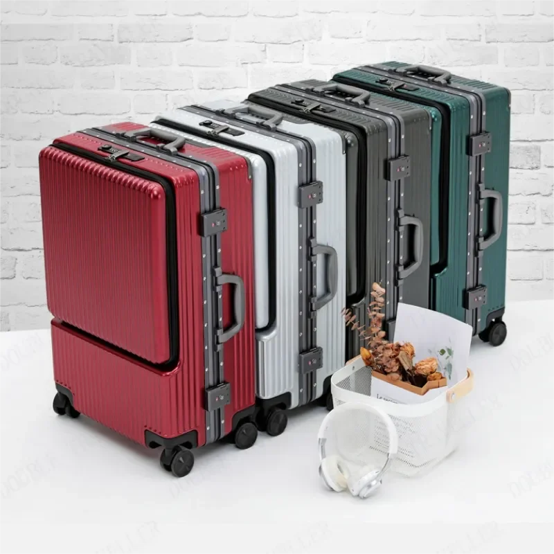 Aluminum Frame Front Opening Luggage Travel Suitcases on Mute Wheels PC Business Box Trolley Password USB Rolling Case Carry-Ons