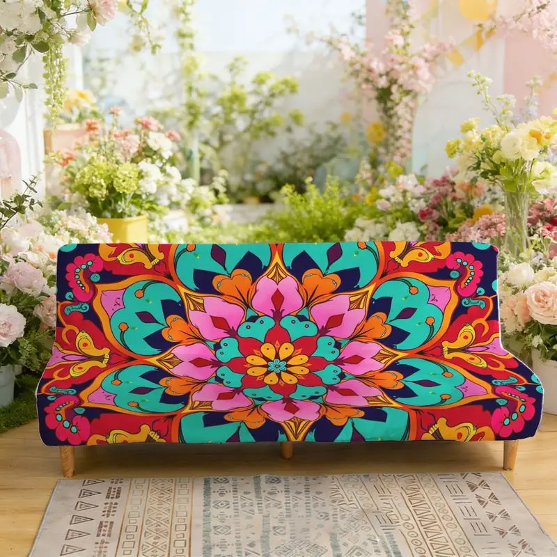 

Плоский эластичный диван-кровать с принтом без подлокотников Чехол на диван с симметричным многослойным цветочным узором