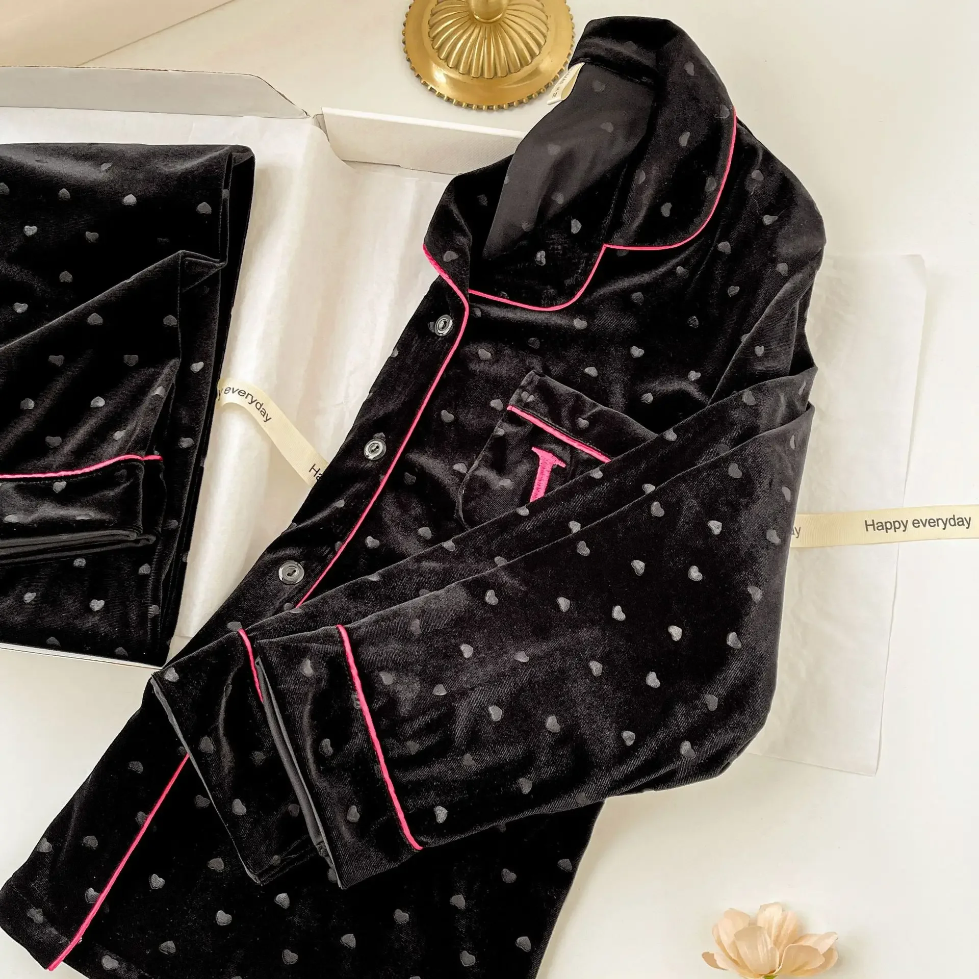 Velvet Dot Print 2Pcs Top&pants Lady Warm Home Clothes Autumn Winter New Pajamas Sexy Trousers Suit Loose Sleepwear Women Pjs