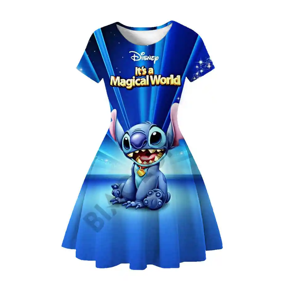 2024 sommer Neue Casual Mode Niedliche Prinzessin Kleid 3D Druck Disney Stich Rundhals Kurzarm Prinzessin Kleid