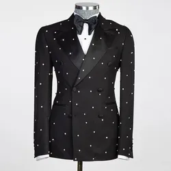 Sparkly Crystals Beaded Suits Men Luxury Double Breasted Jacket Pants 2 Pieces Groom Tuxedos Business Man Clothing Customized