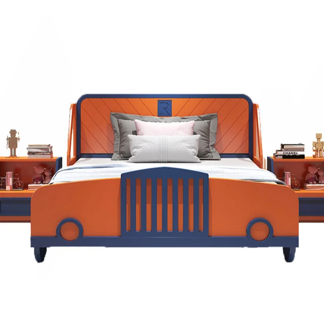 New Design Orange Color Race Car Bed Children Furniture Sets Bedroom Modern Solid Wood Single Bed Kids Wooden Furniture Sets