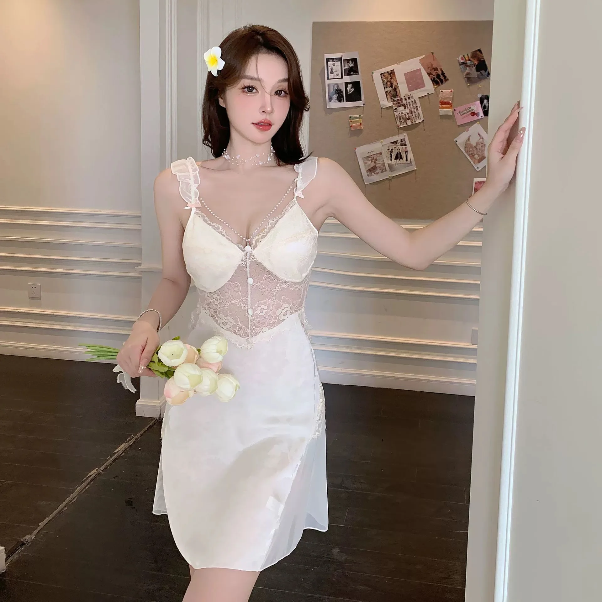 

Sexy Backless Nightgown Home Dressing Gown Hollow Out Lingerie Spaghetti Strap Nightdress Summer New Satin Sleepwear Lounge Wear