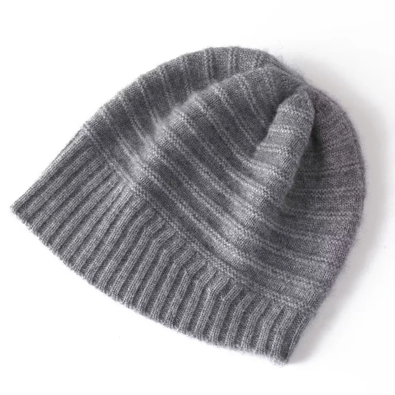 Women's pure cashmere hat, striped warm wool hat, solid, 100%, winter, 2024,cap,hat