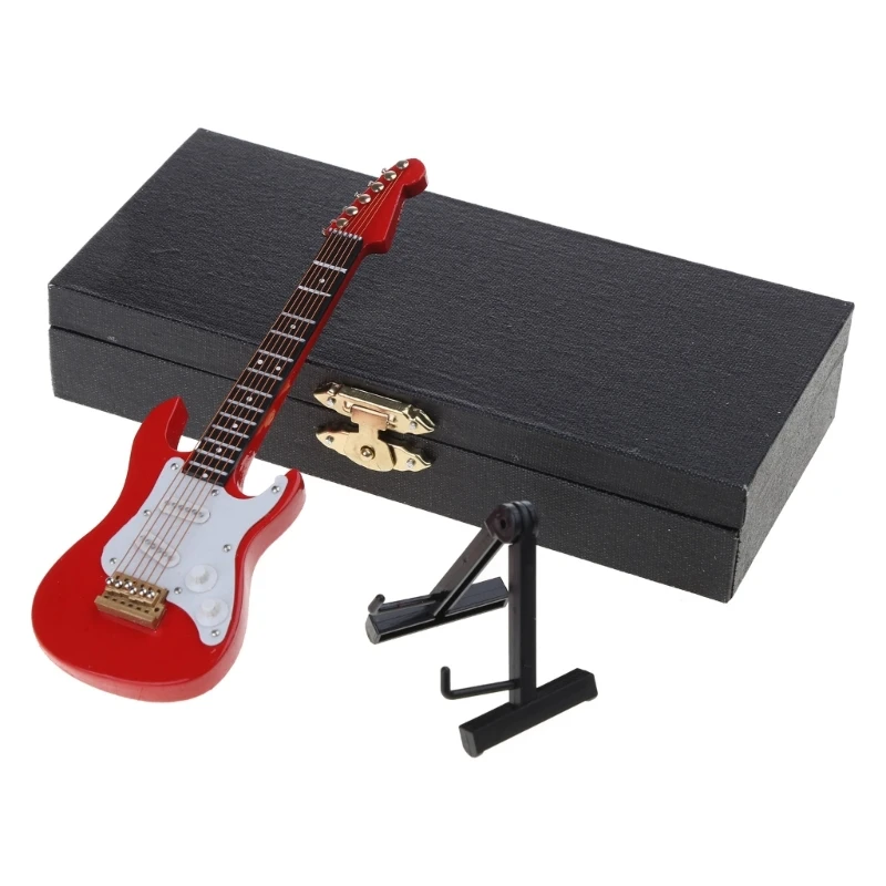 Wooden Miniature Electric Guitar Bass for w/ Stand & for Case Mini Musical Instrument Miniature Dollhouse Model Birthday