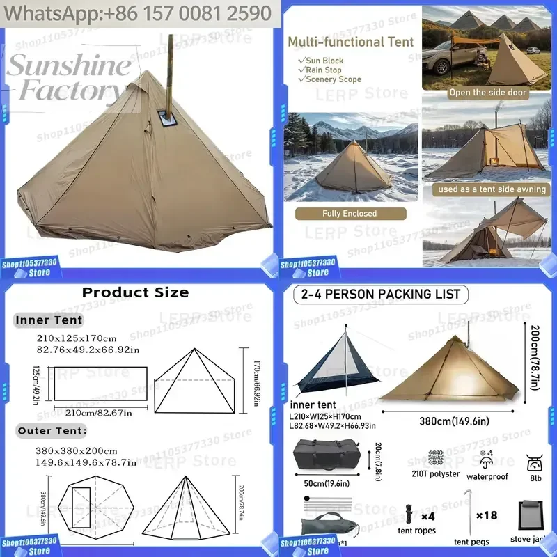 Hot Tent with Wood Stove Jack, 4-Season Teepee Tent for Winter Camping, Survival, Hunting, Fishing. Durable & Portable