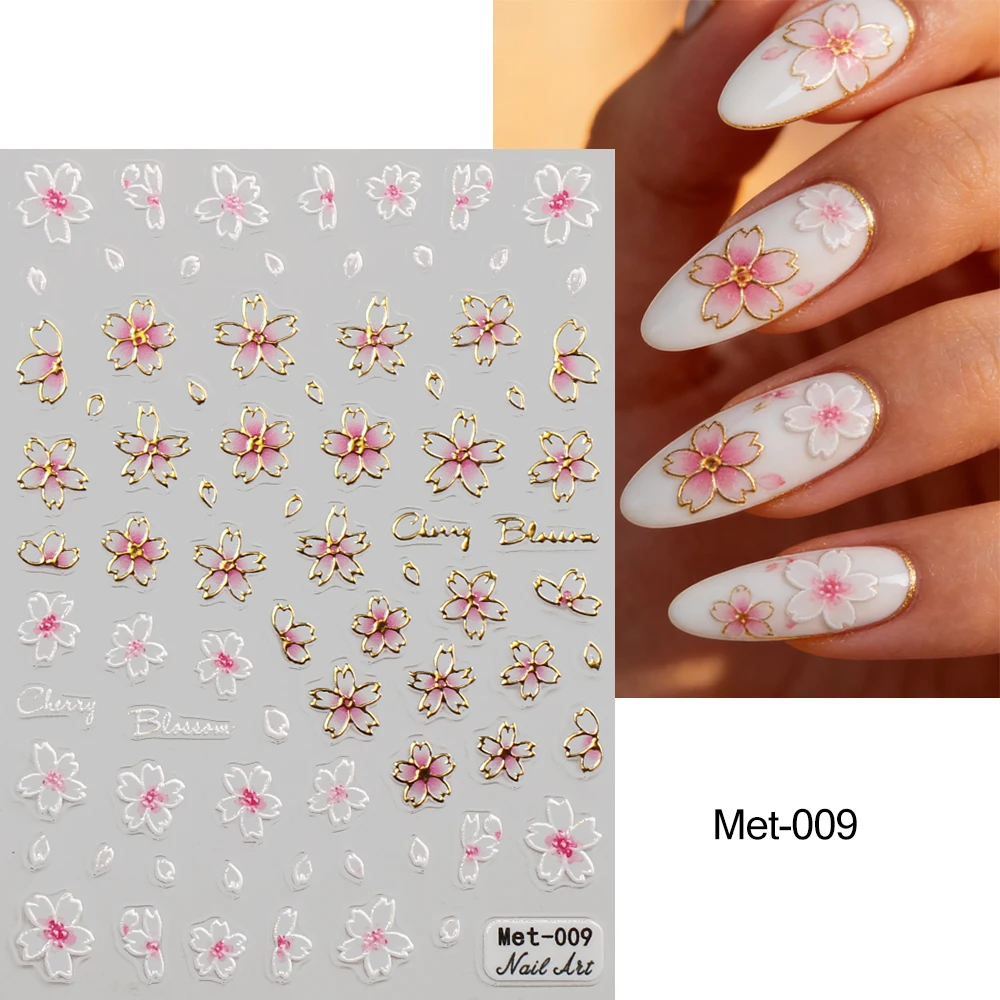 1-2 stuks Gouden Lijn Kersenbloesem 3D Nail Art Stickers Lente Perzik Bloemen Daisy Bloemen Gouden Bladeren Nail Decals Voor DIY manicure