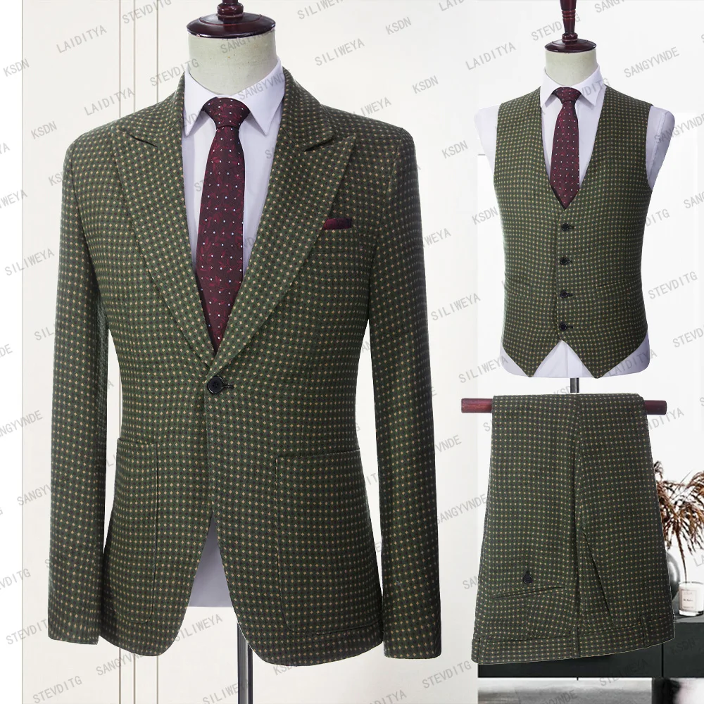 

2023 Fashion Business Summer Costume Homme Wedding Men Suit Green Linen Yellow Red Dots Groom Tuxedo 3 Pcs Set Jacket Vest Pants