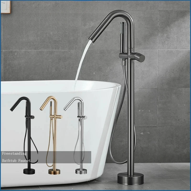 

Floor Mounted Filler Freestanding Bathtub Faucet Bath Stand Alone Tub Shower Faucets W/ Handheld Sprayer