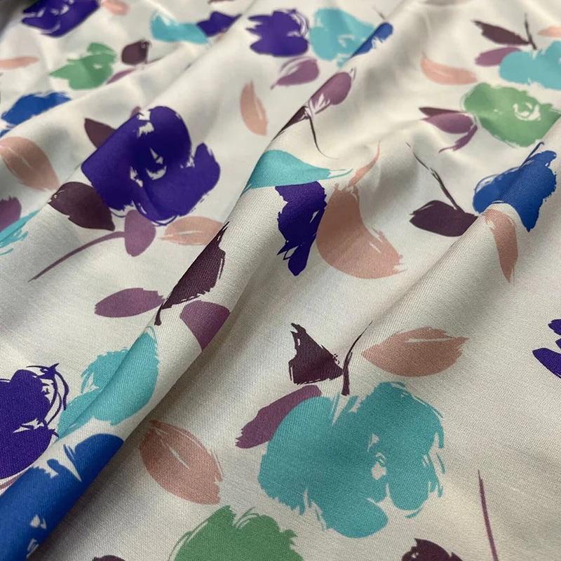 Blue Purple and Green Flowers Spring and Summer Show Twill Fuchun Spinning Printed Skirt Color Block High-definition Fabric