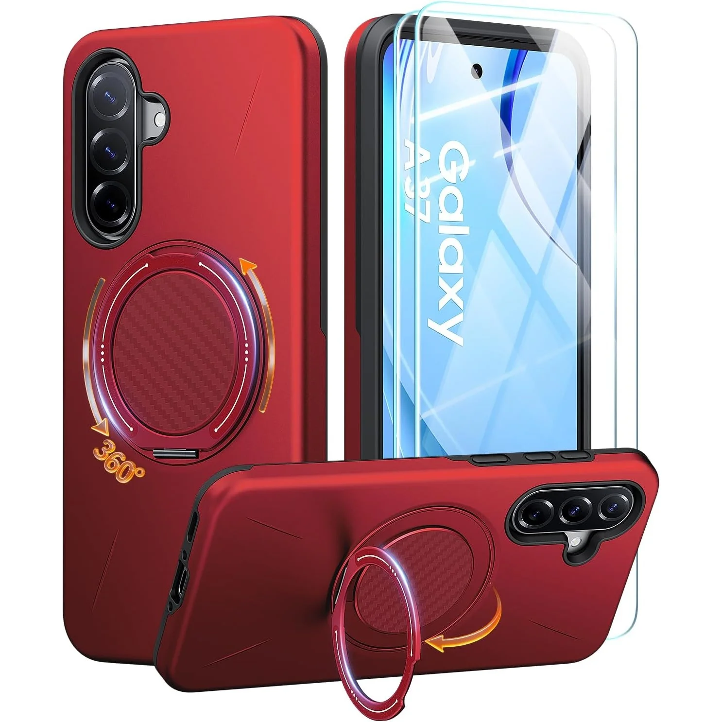 Phone case: 3-piece set [1 phone case + 2 high-definition tempered glass films], suitable for Samsung Galaxy S26 series phones with 360° rotating iron ring stand function, magnetic accessories are friendly, double-layer high-grade shock protection phone c