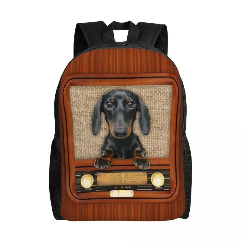 Personalized Dachshund Dog On Radio Backpack Women Men Basic Bookbag for College School Badger Wiener Sausage Bags