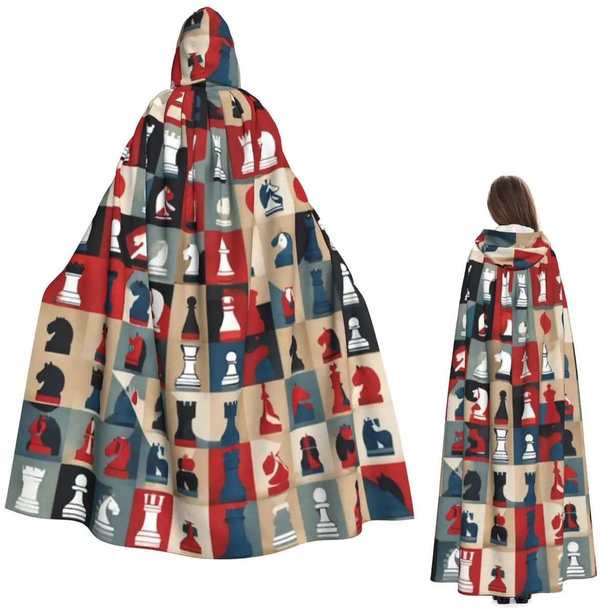 

Chess Pieces On Board Chessboard Long Hooded Cloak Witch Medieval Costume Cosplay Cape HalloweenVampire Adult Unisex